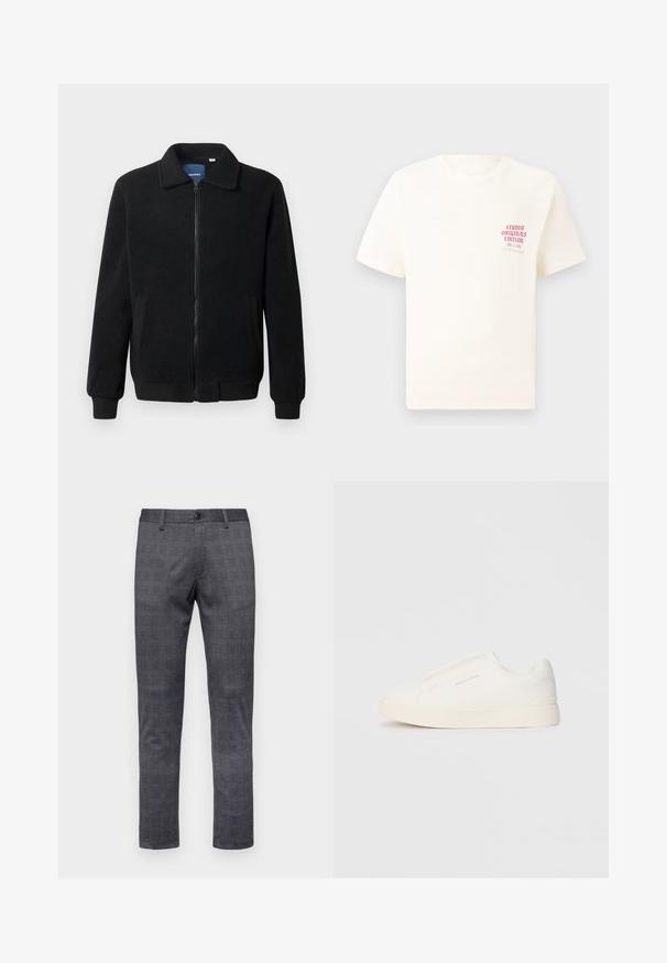 Black fleece jacket featuring a zip closure, stand collar, ribbed cuffs, and side pockets with a textured surface.; White short-sleeve T-shirt with red text "Studio Originals Edition" on left chest, displayed on a neutral gray background.; Gray checkered trousers with a slim fit, featuring a button closure, belt loops, and a textured fabric.; White slip-on sneakers with a textured surface, a thick sole, and minimalistic design. Features brand logo on the side.