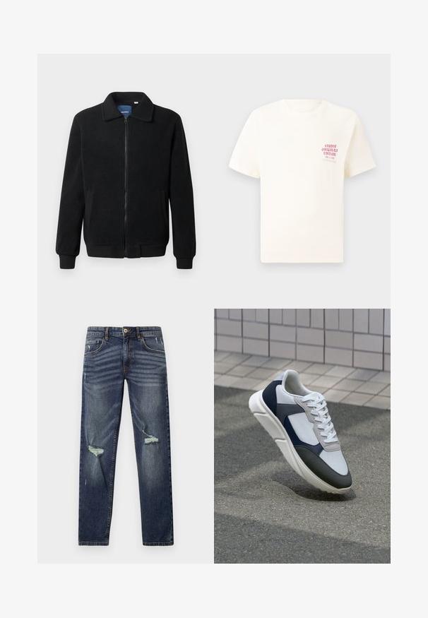 Casaco de polar preto com fecho de correr, gola alta, punhos canelados e bolsos laterais com uma superfície texturizada.; T-shirt branca de mangas curtas com o texto vermelho "Edição Originais do Estúdio" no lado esquerdo do peito, apresentada sobre um fundo cinza neutro.; Fatos de ganga de denim azul escuro com um corte reto, apresentando áreas de joelho desgastadas e um desbotamento subtil. Completo com fecho de botão e cinco bolsos.; Sapatilhas brancas, azuis-marinho e cinzas com um design de materiais mistos, apresentando uma parte superior texturizada, atacadores planos e uma sola acolchoada.