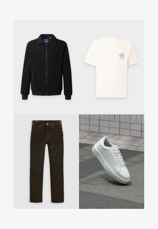 Fekete bolyhos dzseki cipzárral, állógallérral, bordázott mandzsettákkal és oldalzsebekkel, textúrált felülettel.; Fehér, rövid ujjú póló, bal mellen piros szöveggel "Studio Originals Edition", semleges szürke háttér előtt.; Barna kordnadrág egyenes szabással, öt zsebbel, látható varrással és texturált anyaggal. Fém gombos zárás a deréknál.; Fehér bőr sportcipő sima felülettel, kerek orral és lapos fehér fűzőkkel. Texturált gumitalppal és minimális dizájnelemekkel rendelkezik.