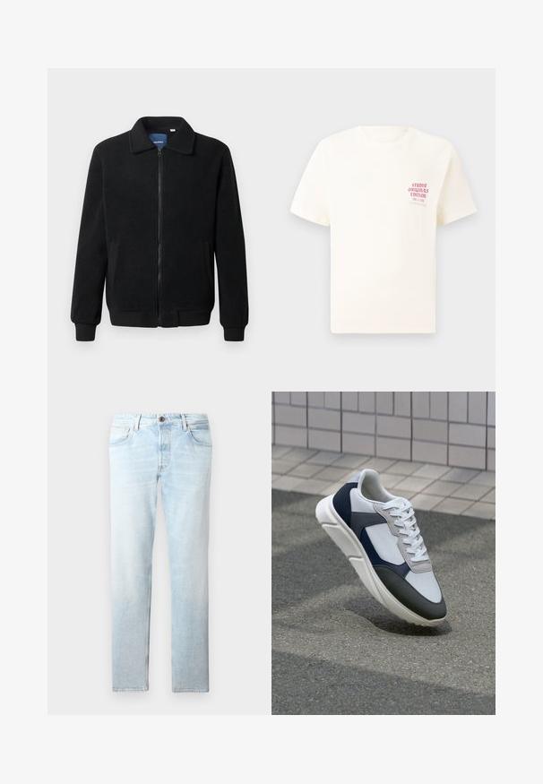 Jachetă din fleece neagră, cu închidere prin fermoar, guler înalt, manșete ribbate și buzunare laterale cu o suprafață texturată.; Tricou alb cu mânecă scurtă, având text roșu "Studio Originals Edition" pe partea stângă a pieptului, expus pe un fundal gri neutru.; Jeans din denim de un albastru deschis, cu un design drept, cinci buzunare și închidere cu un singur nasture, având pete decolorate și o textură subtilă.; Tenisi albi, bleumarin și gri, cu un design din materiale mixte, având un superior texturat, șireturi plate și o talpă căptușită.