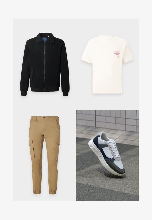 Veste en polaire noire avec fermeture éclair, col montant, poignets côtelés et poches latérales avec une surface texturée.; T-shirt blanc à manches courtes avec le texte rouge "Édition Originals du Studio" sur la poitrine gauche, présenté sur un fond gris neutre.; Pantalons cargo en tissu beige avec une coupe ajustée, dotés de deux poches latérales, de deux poches cargo et de poignets élastiques aux chevilles.; Baskets blanches, bleu marine et grises avec un design en matériaux mélangés, présentant une tige texturée, des lacets plats et une semelle rembourrée.