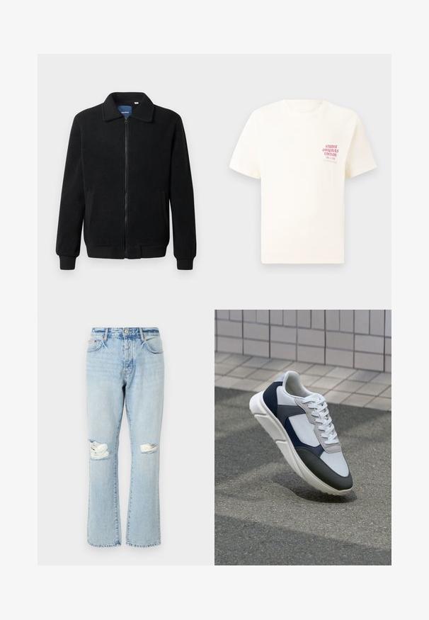 Casaco de polar preto com fecho de correr, gola alta, punhos canelados e bolsos laterais com uma superfície texturizada.; T-shirt branca de mangas curtas com o texto vermelho "Edição Originais do Estúdio" no lado esquerdo do peito, apresentada sobre um fundo cinza neutro.; Jeans de ganga azul claro com efeito desgastado, apresentando detalhes de joelhos rasgados, pernas de corte reto, cinco bolsos e tecido de ganga com uma textura desbotada.; Sapatilhas brancas, azuis-marinho e cinzas com um design de materiais mistos, apresentando uma parte superior texturizada, atacadores planos e uma sola acolchoada.