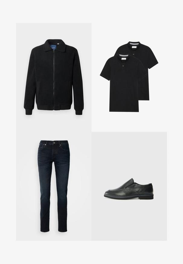 Czarna polarowa kurtka z zamkiem błyskawicznym, stójką, ściągaczami przy mankietach oraz bocznymi kieszeniami o teksturowanej powierzchni.; Dwie czarne koszulki polo z krótkim rękawem, wykonane z materiału bawełnianego, z klasycznym kołnierzykiem, z zapięciem na dwa guziki oraz białymi paskami wewnątrz kołnierza.; Ciemnoniebieskie dżinsy z prostą nogawką, pięcioma kieszeniami i widocznymi szwami; posiadają zamek błyskawiczny i zapięcie na guzik.; Czarne skórzane buty wsuwane z gładką cholewką, przeszyciami, okrągłym noskiem i niskim gumowym obcasem. Podeszwa ma minimalny bieżnik.