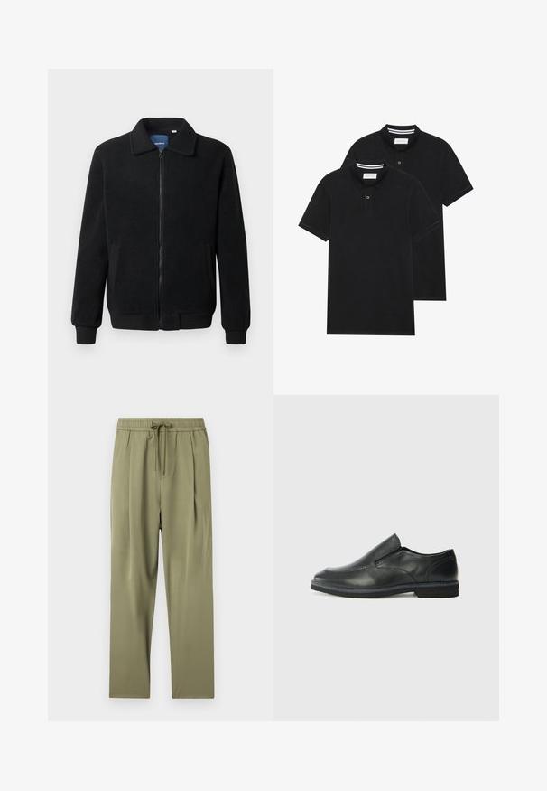 Fekete bolyhos dzseki cipzárral, állógallérral, bordázott mandzsettákkal és oldalzsebekkel, textúrált felülettel.; Két fekete pólóing, rövid ujjú, pamut anyagból készült, klasszikus gallérral, két gombos gombolással, és fehér csíkos díszítéssel a gallér belső részén.; Olíva zöld nadrág, rugalmas derékkal és húzózsinórral. Simasággal és redőzött kialakítással rendelkezik, amely lazább illeszkedést biztosít.; Fekete bőr, slip-on cipő sima felsőrésszel, varrott díszítéssel, lekerekített orral és alacsony gumitalppal. A talpa minimális bordázattal rendelkezik.