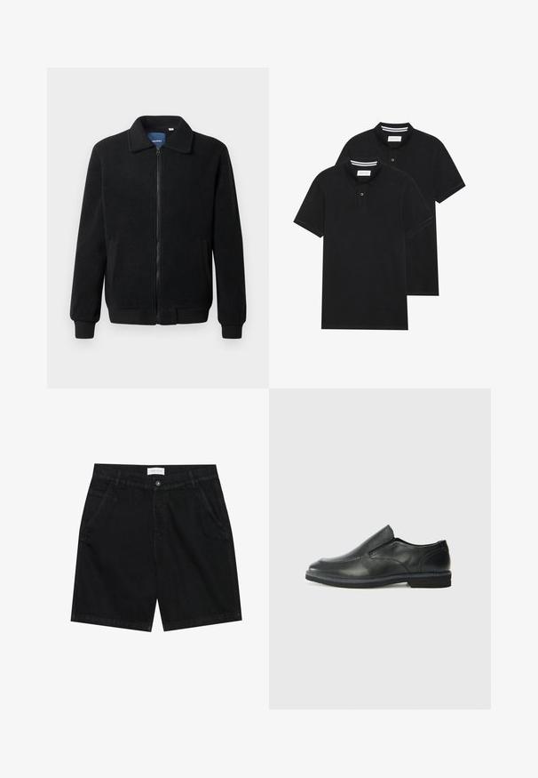 Melnā vilnas jaka ar rāvējslēdzēju, stāvošu apkakli, ribotām piedurknēm un sānu kabatām ar teksturētu virsmu.; Divas melnas polo krekli, īsām piedurknēm, no kokvilnas materiāla, ar klasisku apkakli, divu pogu aizdari un balti svītroti akcenti apkakles iekšpusē.; Melnas džinsu šortus ar klasisku piegriezumu, kas satur divas priekšējās kabatas, pogu aizdari un birku uz jostas vietas. Struktūrēta auduma.; Melnas ādas slip-on kurpes ar gludu augšdaļu, izšūtām akcentiem, noapaļotu purngala daļu un zemu gumijas papēdi. Zole ar minimālu rakstu.