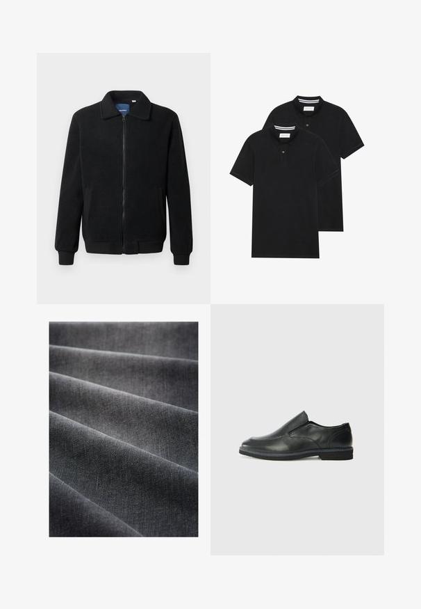 Chaqueta de forro polar negra con cierre de cremallera, cuello alzado, puños acanalados y bolsillos laterales con una superficie texturizada.; Dos camisetas polo negras, de manga corta, de material de algodón, que presentan un cuello clásico, una tapeta de dos botones y acentos de rayas blancas en el interior del cuello.; Tela negra con una textura suave, cayendo en ondas. La superficie muestra un brillo sutil y está densamente tejida, enfatizando un diseño clásico.; Zapato negro de cuero sin cordones con un upper suave, detalles de costura, punta redonda y un bajo tacón de goma. La suela presenta una tracción mínima.