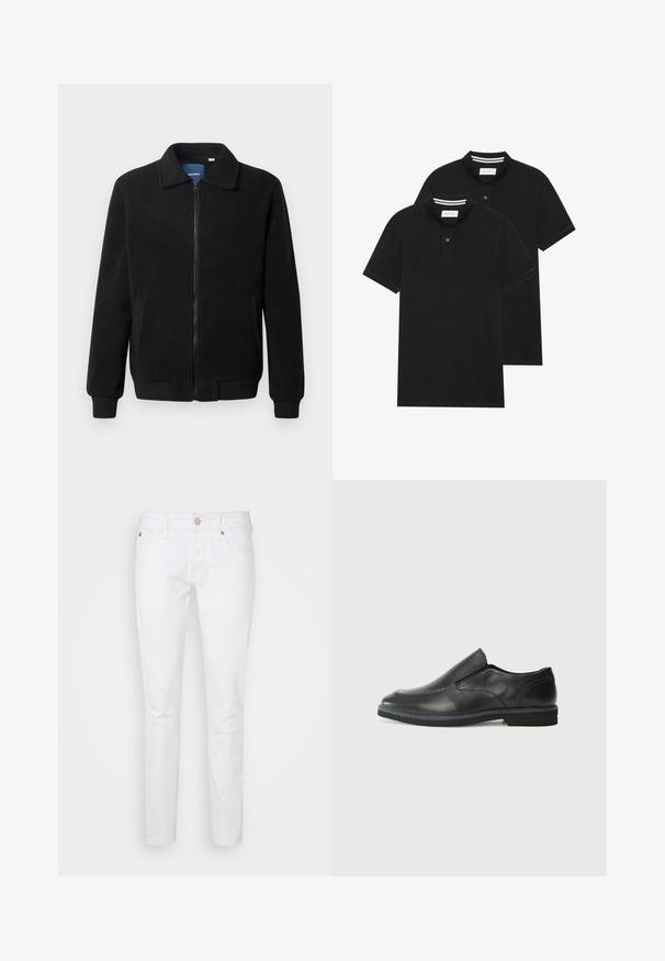 Čierna flísová bunda s uzáverom na zips, stojatým golierom, rebrovanými manžetami a bočnými vreckami s textúrovaným povrchom.; Dvé čierne polo tričká, krátke rukávy, vyrobené z bavlny, s klasickým golierom, dvojitým gombíkom a bielymi pruhmi vo vnútri goliera.; Biele džínsy s úzkym strihom, s klasickým dizajnom piatich vreciek, gombíkovým zapínaním a jemnými švovými detailmi.; Čierny kožený nazúvací topánka s hladkým zvrškom, prešitými akcentmi, zaoblenou špičkou a nízkym gumovým podpätkom. Podošva má minimálny dezén.
