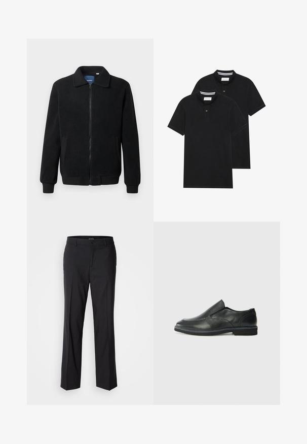 Μαύρο φλις μπουφάν με κλείσιμο με φερμουάρ, όρθιο γιακά, λαστιχένια μανίκια και πλάγιες τσέπες με υφή.; Δύο μαύρα πόλο πουκάμισα, κοντομάνικα, από βαμβακερό υλικό, με κλασικό γιακά, πατιλέτα με δύο κουμπιά και λευκές ριγέ λεπτομέρειες μέσα στον γιακά.; Μαύρο καλά κομμένο παντελόνι με ίσια γραμμή, που διαθέτει κλείσιμο με κουμπί και θηλιές για ζώνη, κατασκευασμένο από απαλό ύφασμα χωρίς ορατά μοτίβα.; Μαύρο δερμάτινο παπούτσι χωρίς κορδόνια με λείο επάνω μέρος, ραφές, στρογγυλή μύτη και χαμηλό λάστιχο τακούνι. Η σόλα διαθέτει ελάχιστο σχέδιο.