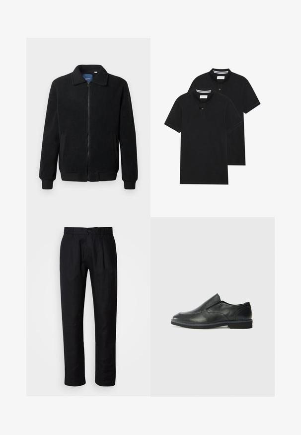 Crni flis jakna s zatvaranjem na zip, stojećim ovratnikom, rebrastim manžetama i bočnim džepovima s teksturiranom površinom.; Dva crna polo majice, kratki rukavi, pamučni materijal, sa klasičnom ovratnikom, čepom sa dva gumba i bijelim prugastim detaljima unutar ovratnika.; Crne ravne hlače s petljama za remen, prednjim kopčanjem na gumb i bočnim džepovima, prikazane na svijetloj pozadini.; Crne kožne cipele na sklapanje s glatkom gornjom površinom, prošivenim detaljima, zaobljenim vrhom i niskim gumene potplate. Potplat ima minimalne uzorke.