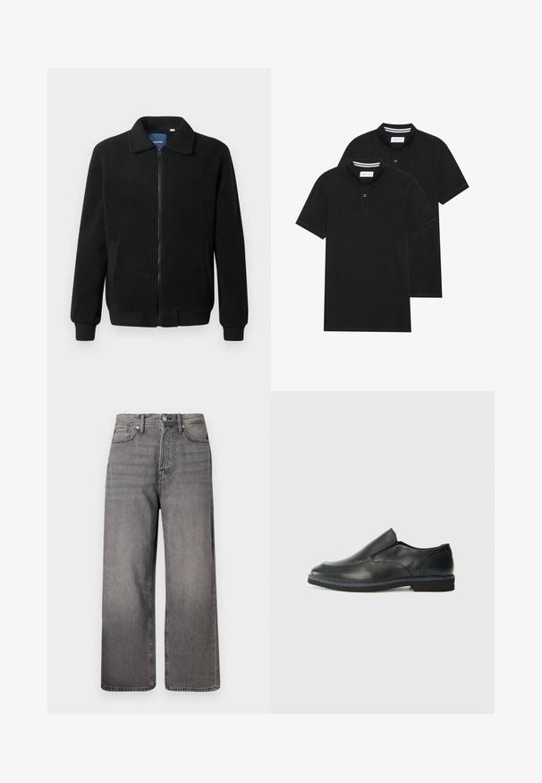 Black fleece jacket featuring a zip closure, stand collar, ribbed cuffs, and side pockets with a textured surface.; Two black polo shirts, short-sleeved, cotton material, featuring a classic collar, two-button placket, and white striped accents inside the collar.; Wide-leg jeans in faded black denim. Features five-pocket design, zipper fly, and metal button. Distressed texture with subtle color variations.; Black leather slip-on shoe with a smooth upper, stitched accents, rounded toe, and a low rubber heel. Sole features minimal tread.