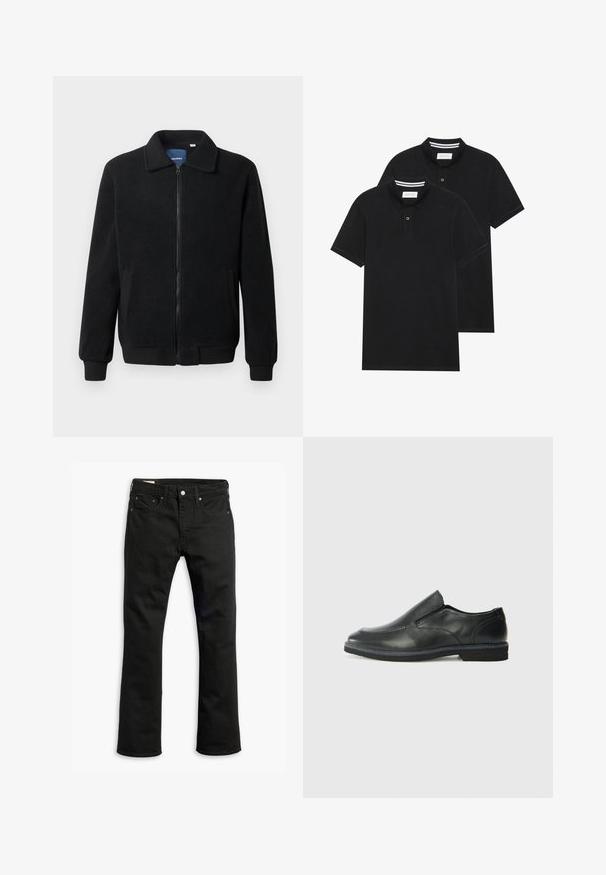 Svart fleece jakke med glidelås, høy krage, ribbestrikkede mansjetter og sidelommer med strukturert overflate.; To svarte polo skjorter, kortermet, i bomullsmateriale, med krage i klassisk stil, to-knapps knappestolpe, og hvite striper inni kragen.; Svarte denimjeans med rett ben-design, fem lommer, metallknappelukking og subtile stikkingdetaljer. Glatt tekstur og ensfarget.; Sorte skinn slip-on sko med en jevn overflate, stikking detaljer, rund tå og en lav gummihæl. Sålen har minimal mønstring.