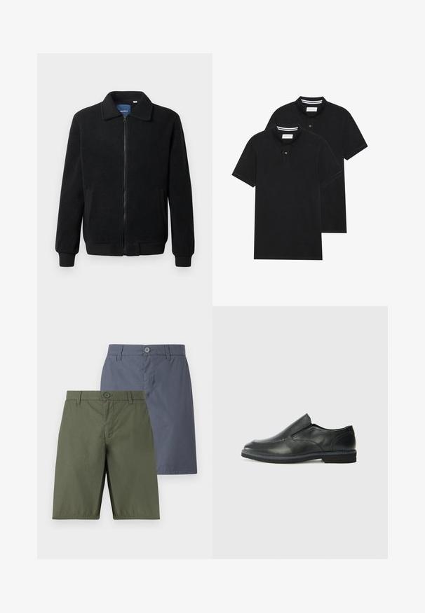 Zwarte fleece jas met een ritssluiting, staande kraag, ribgebreide manchetten en zijzakken met een textuur.; Twee zwarte polo shirts, met korte mouwen, van katoen, met een klassieke kraag, een knoopsluiting met twee knopen en witte gestreepte accenten aan de binnenkant van de kraag.; Twee paren shorts: één olijfgroen, één marineblauw. Beide beschikken over een knoopsluiting, rechtvallend model en een gladde stof met een lichte glans.; Zwarte leren instapper met een soepele bovenkant, gestikte accenten, ronde neus en een lage rubberen hak. De zool heeft minimale profiel.