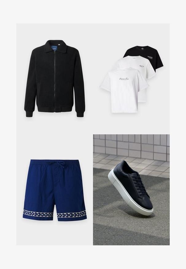 Black fleece jacket featuring a zip closure, stand collar, ribbed cuffs, and side pockets with a textured surface.; Three T-shirts in a pack: one black, two white. Short sleeves, round neck, featuring text graphics on the chest in contrasting colors. Cotton material.; Navy blue swim shorts with an elastic waistband, drawstring, and embroidered light-colored accents at the hem featuring geometric patterns.; Black leather sneaker with rounded toe and white rubber sole. Features flat laces and minimal stitching on the upper. Textured sole for grip.