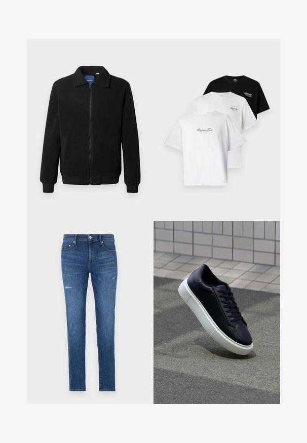 Črna flis jakna z zadrgo, stoječim ovratnikom, rebrastimi zapestji in stranskimi žepi s teksturirano površino.; Tri majice v paketu: ena črna in dve beli. Kratki rokavi, okrogli ovratnik, z napisom na prsih v kontrastnih barvah. Iz bombaža.; Temno modri džinsi z oprijetim krojem, ki imajo rahlo obrabljene in zbledel videz, pet žepov ter zadrgo in gumb za zapiranje.; Črne usnjene superge z zaobljenim prstom in belim gumijastim podplat. Imajo ravne vezalke in minimalno šivanje na zgornjem delu. Teksturirani podplat za oprijem.