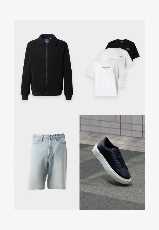Crni flis jakna s zatvaranjem na zip, stojećim ovratnikom, rebrastim manžetama i bočnim džepovima s teksturiranom površinom.; Tri majice u paketu: jedna crna, dvije bijele. Kratki rukavi, okrugli izrez, s grafičkim natpisima na prsima u kontrastnim bojama. Pamuk.; Svijetloplavi traper šortsevi s visokim strukom, pet džepova i kopčanjem na dugme. Tkanina ima blago istrošen izgled i izblijedjeli ton.; Crne kožne tenisice s zaobljenim vrhom i bijelim gumiranim potplatom. Imaju ravne vezice i minimalno šivanje na gornjem dijelu. Teksturirani potplat za bolje prianjanje.