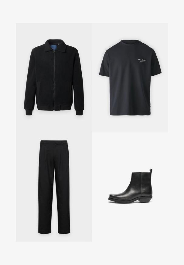 Veste en polaire noire avec fermeture éclair, col montant, poignets côtelés et poches latérales avec une surface texturée.; T-shirt en coton noir à col ras du cou, à manches courtes, avec un petit imprimé blanc à l'avant, offrant une coupe décontractée et une texture lisse.; Pantalons noirs en tissu lisse, avec une coupe droite, deux plis avant et une taille standard avec passants de ceinture.; Bottines en cuir noir avec un bout effilé et un petit talon bloc. Design épuré avec une texture lisse et une languette pour un enfilage facile.