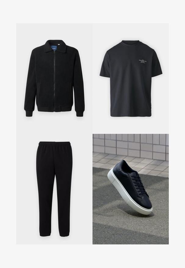 Svart fleecjacka med dragkedja, ståkrage, ribbade muddar och sidofickor med texturerad yta.; Svart bomullströja med rund hals, korta ärmar och en liten vit texttryck på framsidan, med en avslappnad passform och slät yta.; Svarta avslappnade sweatpants med elastisk midja och ankelresår, visade mot en enkel vit bakgrund.; Svart lädersneaker med rundad tå och vit gummisula. Har platta snören och minimal sömnad på ovansidan. Texturerad sula för grepp.