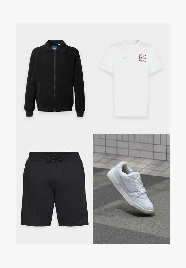 Schwarze Fleecejacke mit Reißverschluss, Stehkragen, gerippten Bündchen und seitlichen Taschen mit strukturiertem Oberflächenmaterial.; Weißes Baumwoll-T-Shirt mit rotem "NIKE"-Grafik und Schriftzug auf der linken Brustseite. Kurze Ärmel und Rundhalsausschnitt, glatte Textur.; Schwarze Baumwollshorts mit elastischem Bund und Kordelzug. Verfügt über Seitentaschen und eine glatte Textur mit genähten Nähten.; Weiße Ledersneaker mit perforierten Seiten, strukturierten Akzenten, flachen Schnürsenkeln und einer kontrastierenden grauen Ferse. Verfügt über eine leicht erhöhte Sohle.