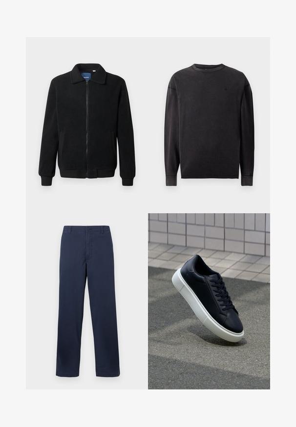 Czarna polarowa kurtka z zamkiem błyskawicznym, stójką, ściągaczami przy mankietach oraz bocznymi kieszeniami o teksturowanej powierzchni.; Czarna koszulka z długim rękawem wykonana z bawełny, z okrągłym dekoltem, rękawami z mankietami i małym logo na piersi. Gładka faktura.; Granatowe bawełniane spodnie o prostym kroju nogawek, z zapięciem na guziki z przodu, szlufkami na pasek i gładką teksturą.; Czarne skórzane sneakersy z okrągłym noskiem i białą gumową podeszwą. Posiadają płaskie sznurowadła i minimalne przeszycia na cholewce. Teksturowana podeszwa zapewnia przyczepność.