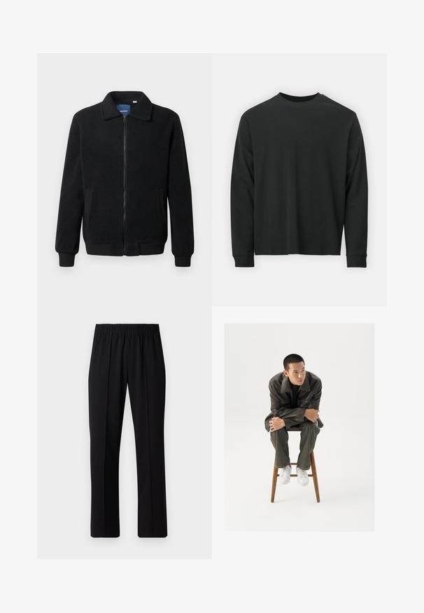 Black fleece jacket featuring a zip closure, stand collar, ribbed cuffs, and side pockets with a textured surface.; Long-sleeve black T-shirt made of cotton, featuring a round neckline, loose fit, and ribbed cuffs. Smooth texture with no visible patterns.; Black, elastic-waist trousers with a straight-leg design, featuring a smooth texture and no visible patterns or hardware.; Brown leather jacket with a wide collar, paired with dark green jeans and white sneakers. The model sits on a wooden stool.