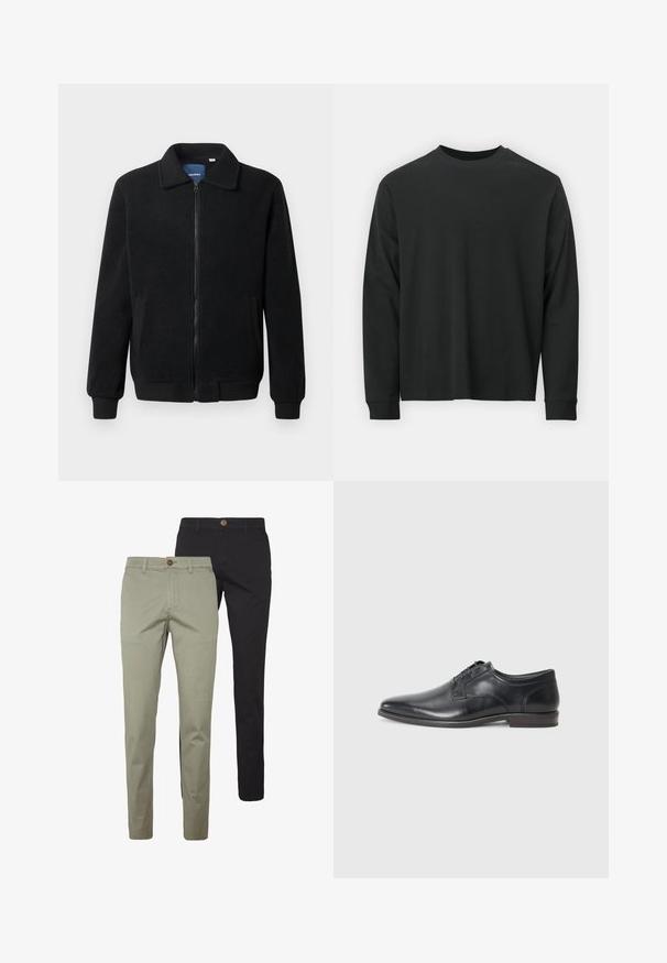 Czarna polarowa kurtka z zamkiem błyskawicznym, stójką, ściągaczami przy mankietach oraz bocznymi kieszeniami o teksturowanej powierzchni.; Czarna koszulka z długim rękawem, wykonana z bawełny, z okrągłym dekoltem, luźnym krojem i ściągaczami na rękawach. Gładka tekstura bez widocznych wzorów.; Dwie pary spodni slim-fit: jedne w jasnym beżowym kolorze z bawełny z detalem w postaci guzika, a drugie w jednolitym czarnym kolorze z bawełny, obie z kieszeniami bocznymi.; Czarne skórzane buty na formalne okazje z wąskim noskiem, niskim obcasem i pięcioma otworami na sznurówki. Charakteryzują się gładką fakturą i minimalnymi detalami w szwie.