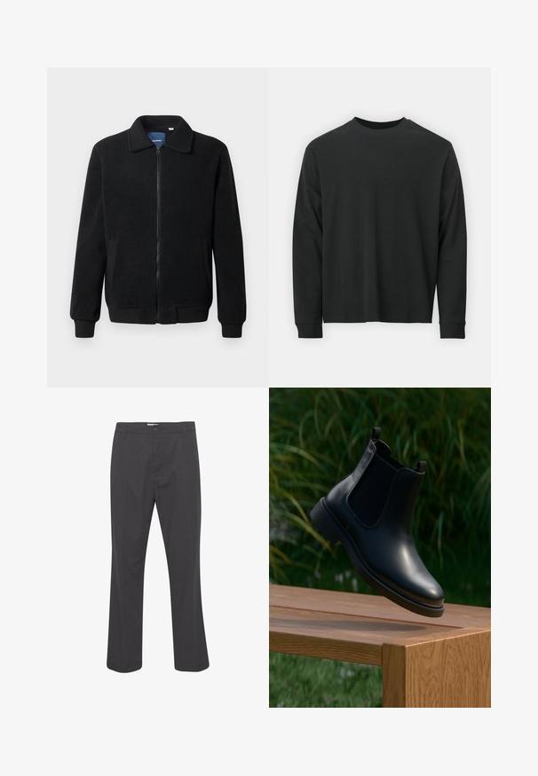 Black fleece jacket featuring a zip closure, stand collar, ribbed cuffs, and side pockets with a textured surface.; Long-sleeve black T-shirt made of cotton, featuring a round neckline, loose fit, and ribbed cuffs. Smooth texture with no visible patterns.; Black pants with a straight leg design, crafted from woven fabric. Features a front button closure and standard belt loops.; Black leather ankle boot with elastic side panels floating above a wooden bench, green foliage background.