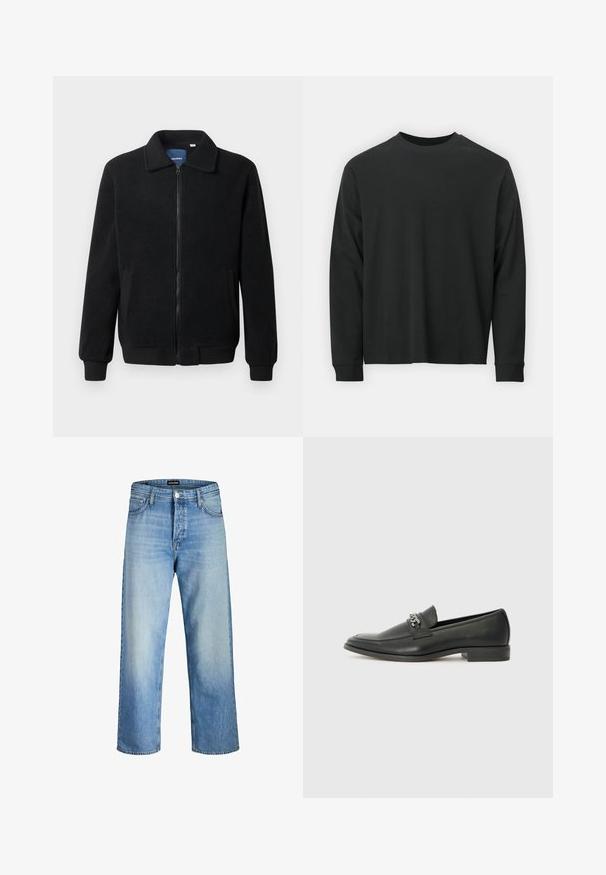 Svart fleecjacka med dragkedja, ståkrage, ribbade muddar och sidofickor med texturerad yta.; Långärmad svart T-shirt gjord av bomull, med rund halsringning, lös passform och ribbade ärmslut. Slät textur utan synliga mönster.; Ljusblå denimjeans med avslappnad passform, hög midja, framfickor och raka ben, som framhäver subtila blekningar.; Svart läderloafers med en slät yta, med en sydd design och en dekorativ metallkedjeaccent över västen. Platt häldesign.