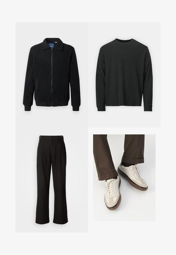 Melnā vilnas jaka ar rāvējslēdzēju, stāvošu apkakli, ribotām piedurknēm un sānu kabatām ar teksturētu virsmu.; Garās piedurknes melna T-kreklā, izgatavota no kokvilnas, ar apaļu kakla izgriezumu, brīvu piegriezumu un ribotām piedurknēm. Gluda tekstūra bez redzamām rakstainēm.; Heathe ALTO TROUSERS - Auduma bikses - black; Beidzī lasi ar strukturētu zamšādu priekšpusi, gludiem ādas sāniem un brūnu gumijas zoli. Iekļauti auklas un viegla šuvuma detaļas.