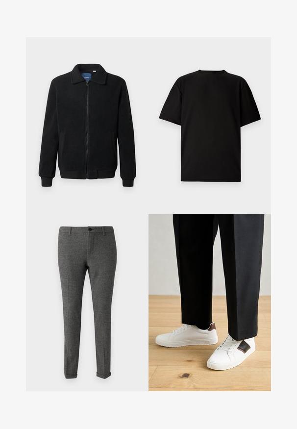 Black fleece jacket featuring a zip closure, stand collar, ribbed cuffs, and side pockets with a textured surface.; Black short-sleeve T-shirt made from ribbed fabric. Features a round neckline and a relaxed fit with a smooth texture. Back view only.; Gray checkered trousers made of fabric, featuring a button closure, belt loops, and cuffed hems for a tailored look.; White sneakers with smooth texture, featuring brown leather accents and black detailing, paired with black tailored pants. Wooden floor background.