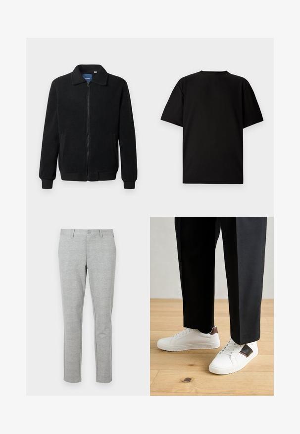 Musternahk fleece-jakk musternahaga, tõmblukk, seisev kaelus, soonikkoes varrukad ja küljetaskud tekstuurse pinnaga.; Mustus lühikeste varrukatega T-särk ribakanga materjalist. Omab ümmargust kaelust ja lõõgastavat istuvust, millel on sile tekstuur. Ainult tagavaade.; Hallid, sihvakas dressipüksid, mis on valmistatud tekstuuriga kangast. Omavad tavalist vööosa nupuga kinnituse ja küljetaskudega.; Valged sneakersid siledat tekstuurist, millel on pruunad nahast detailid ja mustad aksessuaarid, millele on sobitatud mustad kohandatud püksid. Puitpõranda taust.