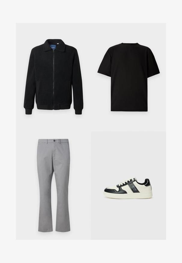 Čierna flísová bunda s uzáverom na zips, stojatým golierom, rebrovanými manžetami a bočnými vreckami s textúrovaným povrchom.; Čierne tričko s krátkym rukávom vyrobené z rebrovanej tkaniny. Má okrúhly výstrih a voľný strih s hladkou textúrou. Zobrazenie iba zozadu.; GAP SLIM PERFORMANCE STRETCH - Nohavice chinos - pilot grey; Kožené tenisky v čierno-krémovej farbe, s perforovanými akcentmi, polstrovaným golierom a štruktúrovanou podrážkou.