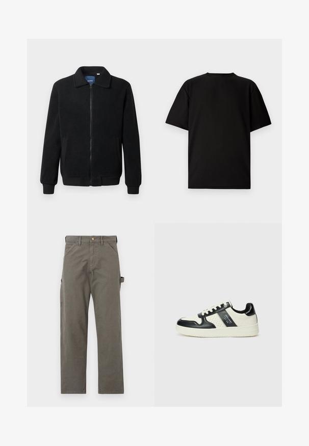 Musternahk fleece-jakk musternahaga, tõmblukk, seisev kaelus, soonikkoes varrukad ja küljetaskud tekstuurse pinnaga.; Mustus lühikeste varrukatega T-särk ribakanga materjalist. Omab ümmargust kaelust ja lõõgastavat istuvust, millel on sile tekstuur. Ainult tagavaade.; Tumed hallid puuvillased cargo püksid otse säärega, küljetaskutega ja naba kohal nööbiga sulgemisega. Sile tekstuur, minimaalne detailide rohkus.; Nahatud nahkkingad musta ja kreemi värviskeemiga, millel on perforeeritud aktsendid, pehme krae ja tekstureeritud tallad.