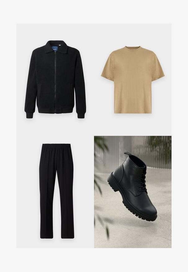 Černá fleecová bunda s zipovým uzávěrem, stojáčkem, vroubkovanými manžetami a bočními kapsami s texturovaným povrchem.; Khaki tričko s krátkým rukávem vyrobené z měkké tkaniny, s kulatým výstřihem a volným střihem. Nejsou na něm viditelné žádné vzory ani grafika.; Černé kalhoty s elastickým pasem a rovnými nohavicemi, s hladkým povrchem a bez viditelných vzorů nebo kovových doplňků.; Černé kožené kotníkové boty s kulatou špičkou, šněrovacím designem a robustní gumovou podrážkou. Hladký povrch s poutkem na zadní straně.