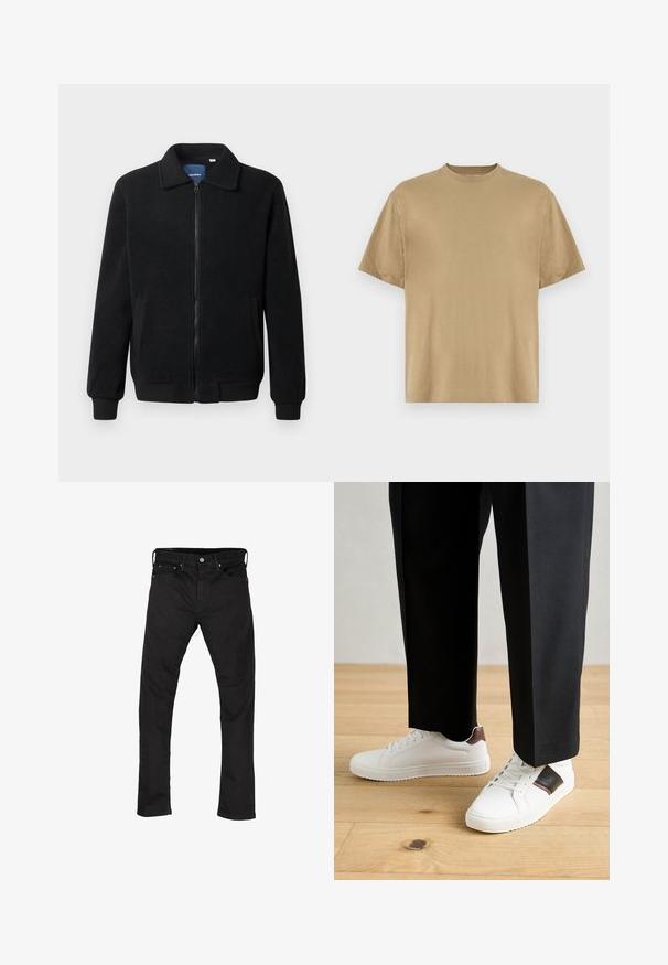 Crni flis jakna s zatvaranjem na zip, stojećim ovratnikom, rebrastim manžetama i bočnim džepovima s teksturiranom površinom.; Khaki majica s kratkim rukavima izrađena od mekog materijala, s okruglim izrezom i ležernim krojem. Nema vidljivih uzoraka ni grafika.; Crne traperice s ravnim nogavicama, pet džepova i metalnim kopčanjem. Glatka tekstura i ujednačena boja.; Bijele tenisice s glatkom teksturom, s smešnim kožnim detaljima i crnim naglascima, u kombinaciji s crnim krojenim hlačama. Pozadina od drvenog poda.