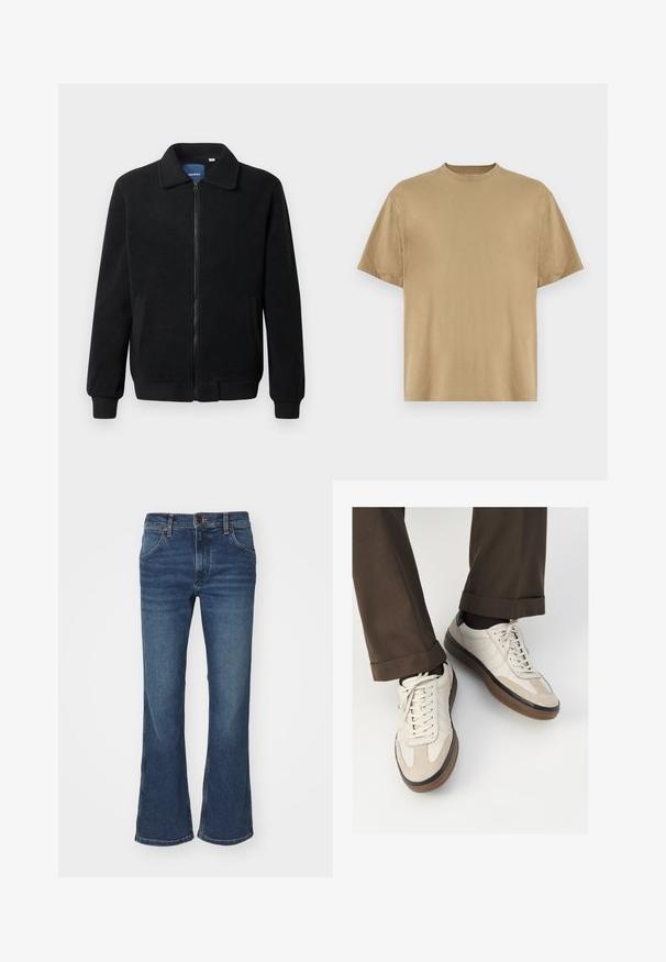 Črna flis jakna z zadrgo, stoječim ovratnikom, rebrastimi zapestji in stranskimi žepi s teksturirano površino.; Khaki majica s kratkimi rokavi, izdelana iz mehkega materiala, z okroglo ovratnico in sproščenim krojem. Brez vzorcev ali grafik.; Temno modri flared jeans iz denima s srednje visokim pasom, petimi žepi in rahlim izbledenjem na nogah. Šivani šivi in klasična zasnova.; Bež teniske z teksturiranim prednjim delom iz usnja, gladkimi kožnimi stranicami in rjavo gumijasto podplatom. Vključene vezalke in svetla šivana detajla.
