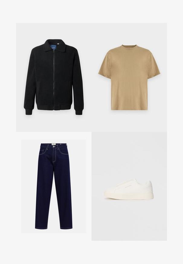 Giacca in pile nera con chiusura zip, colletto alto, polsini a coste e tasche laterali con superficie strutturata.; T-shirt khaki a maniche corte realizzato in morbido tessuto, con scollatura rotonda e vestibilità rilassata. Non sono visibili pattern o grafiche.; Jeans dritti di colore blu scuro con tasche frontali, chiusura con bottone e cuciture bianche in vista su uno sfondo semplice.; Sneakers bianchi slip-on con superficie texturizzata, suola spessa e design minimalista. Presentano il logo del marchio sul lato.