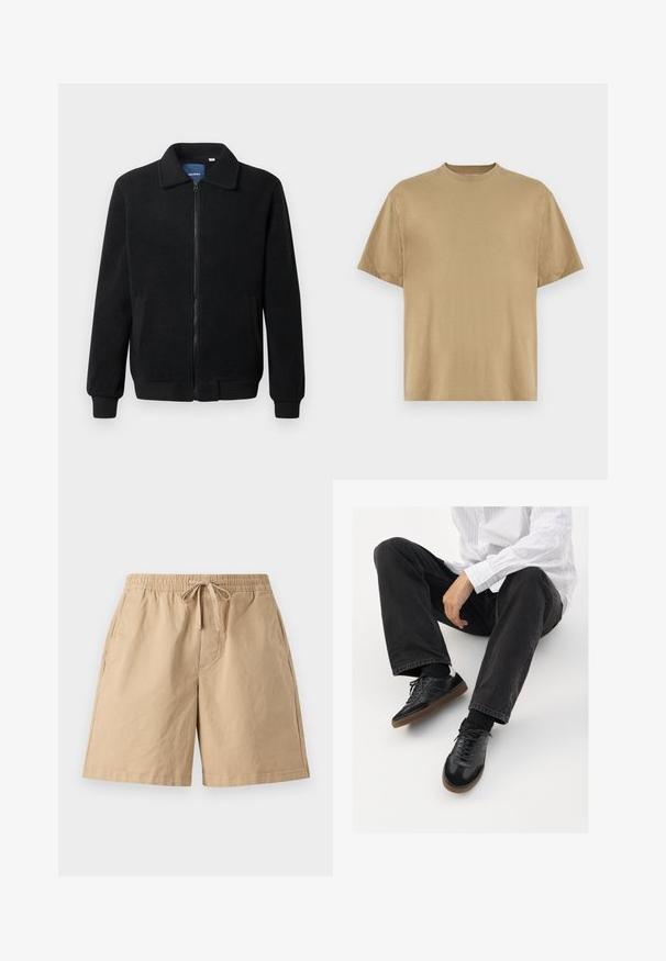 Musternahk fleece-jakk musternahaga, tõmblukk, seisev kaelus, soonikkoes varrukad ja küljetaskud tekstuurse pinnaga.; Khaki lühikeste varrukatega T-särk, mis on valmistatud pehmest kangast, ümara kaelusega ja mugava lõikega. Mustreid ega graafikat pole.; Beeežid puuvillased lühikesed püksid elastse vöökoha ja reguleeritava nööriga, külgtaskutega ja vabalt langeva lõikega. Sile tekstuur, põlvini ulatuvad.; Mustad spordijalatsid siledast ja tekstuurilisest ülemisest osast, millel on kummist tald ja tumedad nöörid. Kombineeritud mustade teksade ja valge triibulise särgiga.