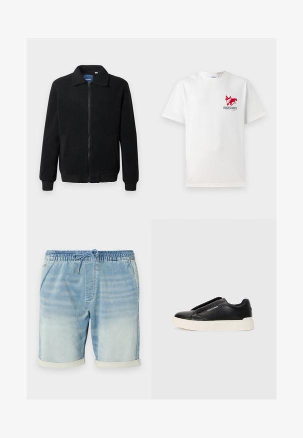 Black fleece jacket featuring a zip closure, stand collar, ribbed cuffs, and side pockets with a textured surface.; White cotton t-shirt featuring a red cowboy and horse graphic on the left chest with "RODEO DAYS" text beneath the design.; Light blue denim shorts with an elastic waistband, drawstring closure, side pockets, and rolled hem accents. Smooth texture.; Black slip-on sneaker with textured leather upper, white rubber sole, and no visible laces. Features brand logo on the side.