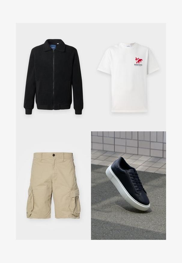 Veste en polaire noire avec fermeture éclair, col montant, poignets côtelés et poches latérales avec une surface texturée.; T-shirt en coton blanc avec un graphique rouge d'un cowboy et d'un cheval sur la poitrine gauche, avec le texte "RODEO DAYS" sous le design.; Shorts cargo beiges en tissu de coton, avec des poches latérales, une fermeture à bouton et une coupe droite. Textures lisses.; Baskets noires en cuir avec bout arrondi et semelle en caoutchouc blanc. Elles présentent des lacets plats et une couture minimale sur la tige. Semelle texturée pour une bonne adhérence.