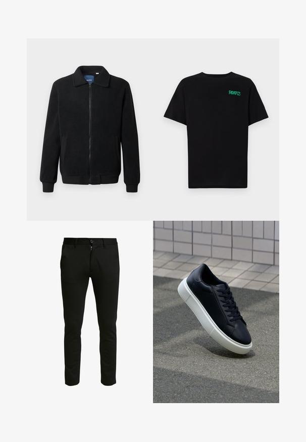 Black fleece jacket featuring a zip closure, stand collar, ribbed cuffs, and side pockets with a textured surface.; Black t-shirt made of cotton with short sleeves. Features a green "ROOTS" logo on the front, round neckline, and standard fit.; Black, slim-fit trousers made of a soft fabric. Features a zip fly and button closure, with two side pockets and a clean, smooth texture.; Black leather sneaker with rounded toe and white rubber sole. Features flat laces and minimal stitching on the upper. Textured sole for grip.