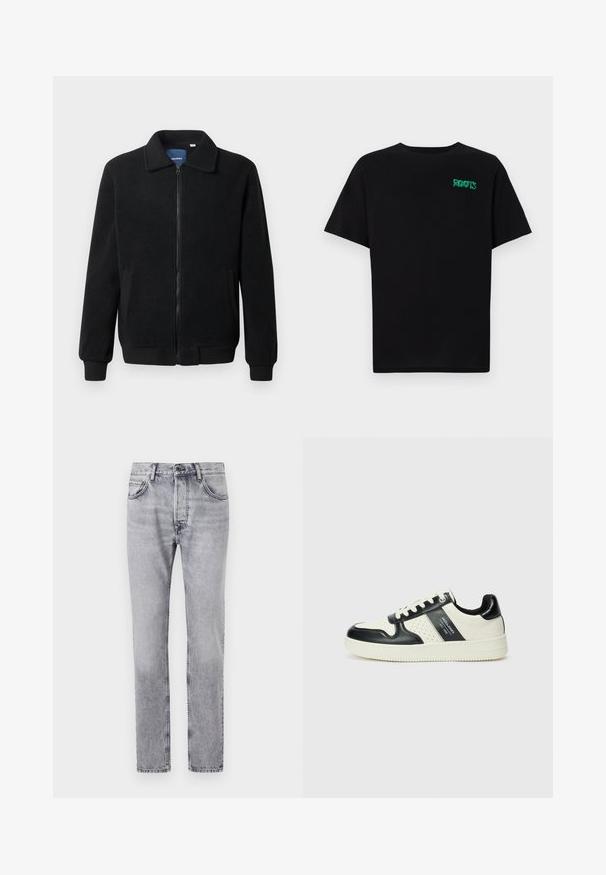 Čierna flísová bunda s uzáverom na zips, stojatým golierom, rebrovanými manžetami a bočnými vreckami s textúrovaným povrchom.; Čierne tričko s krátkymi rukávmi vyrobené z bavlny. Na prednej strane má zelené logo "ROOTS", okrúhly výstrih a štandardný strih.; Sivé riflové džínsy majú rovný strih, päť vreciek a jemné vyblednutie. Kovový gombík a zips na zapínanie vpredu.; Kožené tenisky v čierno-krémovej farbe, s perforovanými akcentmi, polstrovaným golierom a štruktúrovanou podrážkou.