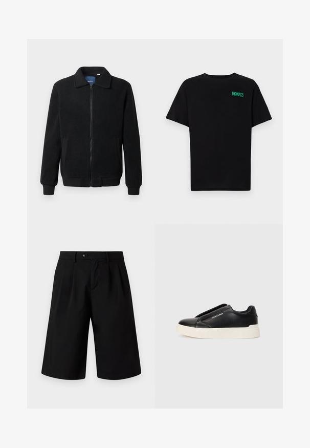 Svart fleece jakke med glidelås, høy krage, ribbestrikkede mansjetter og sidelommer med strukturert overflate.; svart t-skjorte laget av bomull med korte ermer. Har et grønt "ROOTS"-logo på forsiden, rund halsutringning og standard passform.; Jack & Jones JPSTBILL FLINT - Shorts - black; Sorte slip-on joggesko med teksturert læroverdel, hvit gummisåle og ingen synlige snører. Har merkevarelogo på siden.