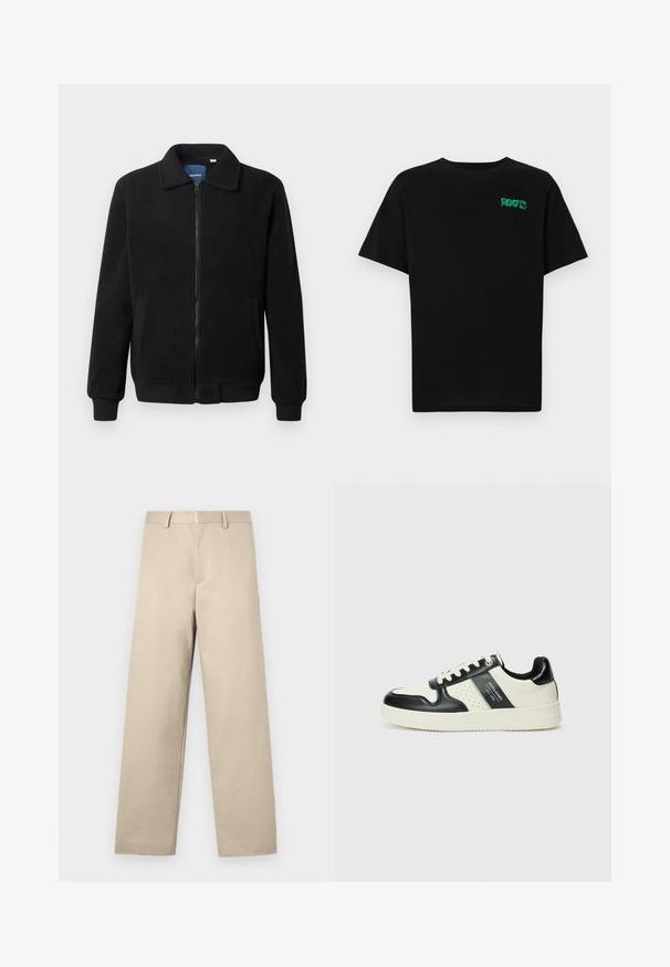 Juodas fliso džemperis su užtrauktuku, stovinčia apykakle, gumuotais rankogaliais ir šoninėmis kišenėmis, turinčiomis tekstūruotą paviršių.; Juodas medvilninis marškinėliai trumpomis rankovėmis. Priekyje yra žalias „ROOTS“ logotipas, apvalus iškirpimas ir standartinė prigludimo forma.; Bežiniai kelnės su tiesiu kirpimu, plokščia priekiu, dviem šoninėmis kišenėmis ir užtrauktuku. Pagamintos iš lygios medvilnės audinio.; Odiniai sportbačiai juodos ir kreminės spalvų schemoje, su perforuotais akcentais, paminkštinta apykakle ir tekstūruotu padu.