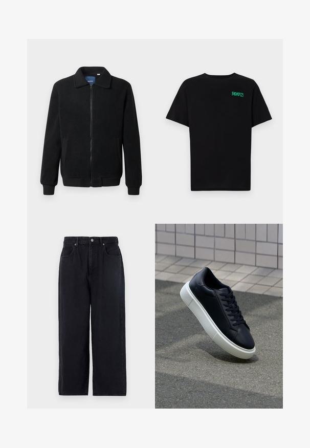Chaqueta de forro polar negra con cierre de cremallera, cuello alzado, puños acanalados y bolsillos laterales con una superficie texturizada.; Camiseta negra de algodón con mangas cortas. Presenta un logo verde "ROOTS" en el frente, escote redondo y corte estándar.; Pantalones de mezclilla negros con un diseño de pierna recta, que cuentan con cinco bolsillos, un cierre de botón y un acabado limpio. Tela duradera con una textura mate.; Zapatilla de cuero negro con punta redonda y suela de goma blanca. Presenta cordones planos y un mínimo de costuras en la parte superior. Suela texturizada para proporcionar agarre.
