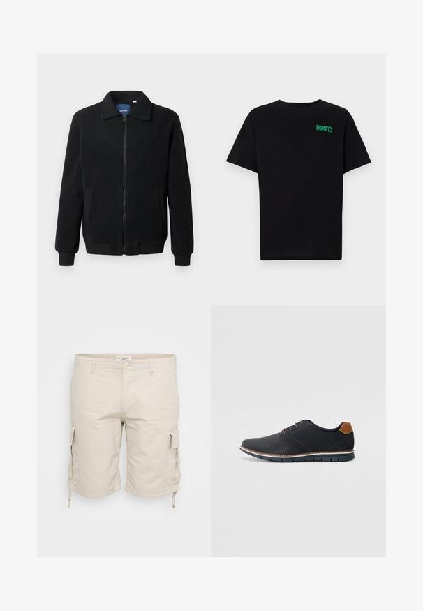 Svart fleece jakke med glidelås, høy krage, ribbestrikkede mansjetter og sidelommer med strukturert overflate.; svart t-skjorte laget av bomull med korte ermer. Har et grønt "ROOTS"-logo på forsiden, rund halsutringning og standard passform.; Beige cargo shorts laget av lett materiale, med sidelommer, justerbare snorer i kanten, og et klassisk fem-lommers design.; Sorte syntetiske sko med en teksturert overdel, glatte detaljer, brun hæl og en kontrastfarge på sålen. Har minimalt snøring og sømdetaljer.