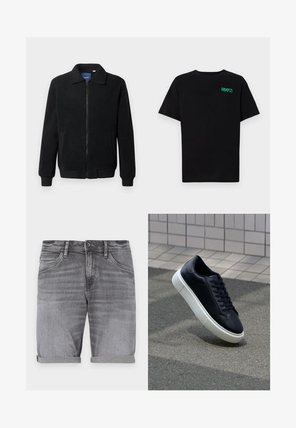Crni flis jakna s zatvaranjem na zip, stojećim ovratnikom, rebrastim manžetama i bočnim džepovima s teksturiranom površinom.; Crna majica kratkih rukava od pamuka. Na prednjem dijelu se nalazi zeleni "ROOTS" logo, okrugli izrez i standardni kroj.; Sive traperice kratke hlače s laganim izblijedjelim završetkom, srolanim manžetama, dizajnom s pet džepova i metalnim kopčanjem na struku.; Crne kožne tenisice s zaobljenim vrhom i bijelim gumiranim potplatom. Imaju ravne vezice i minimalno šivanje na gornjem dijelu. Teksturirani potplat za bolje prianjanje.
