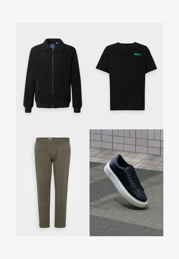 Veste en polaire noire avec fermeture éclair, col montant, poignets côtelés et poches latérales avec une surface texturée.; T-shirt noir en coton à manches courtes. Présente un logo "ROOTS" vert sur le devant, un col rond et une coupe standard.; Pantalon vert olive en tissu mélangé coton. Design à jambe droite avec une taille plate, fermeture à bouton et passants de ceinture. Texture lisse.; Baskets noires en cuir avec bout arrondi et semelle en caoutchouc blanc. Elles présentent des lacets plats et une couture minimale sur la tige. Semelle texturée pour une bonne adhérence.