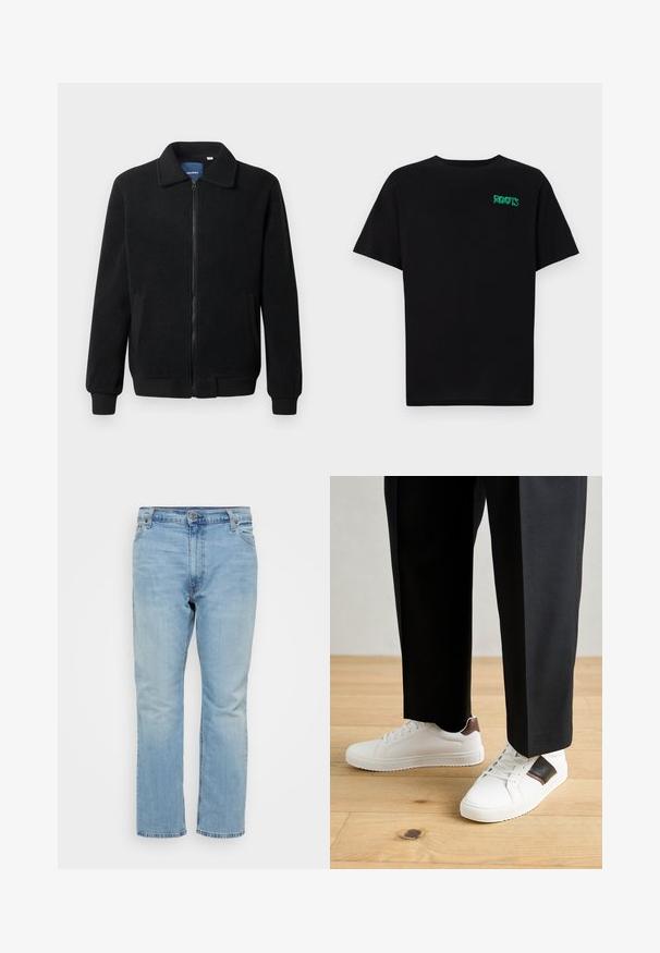 Casaco de polar preto com fecho de correr, gola alta, punhos canelados e bolsos laterais com uma superfície texturizada.; T-shirt preta feita de algodão com mangas curtas. Apresenta um logótipo verde "ROOTS" na frente, gola redonda e corte standard.; Calças de ganga azul claro com corte reto, apresentando uma cintura de altura média, design de cinco bolsos e costuras em contraste.; Ténis brancos com textura suave, apresentando elementos em pele castanha e detalhes em preto, combinados com calças pretas ajustadas. Fundo de chão de madeira.