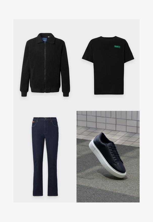 Musternahk fleece-jakk musternahaga, tõmblukk, seisev kaelus, soonikkoes varrukad ja küljetaskud tekstuurse pinnaga.; Must t-särk, mis on valmistatud puuvillast, lühikeste varrukatega. Esipaneelil on roheline "ROOTS" logo, ümmargune kaelus ja tavapärane lõige.; Tumed sinised teksad sirge säärega, millel on oranž õmblus, viis taskut ja nööpkinnitus vöökoht.; Mustast nahast tennisetoss, millel on ümar nina ja valge kummist tall. Omab siredaid paelu ja minimaalset õmblemist ülemises osas. Tekstuuriga tald, mis tagab haakuvuse.