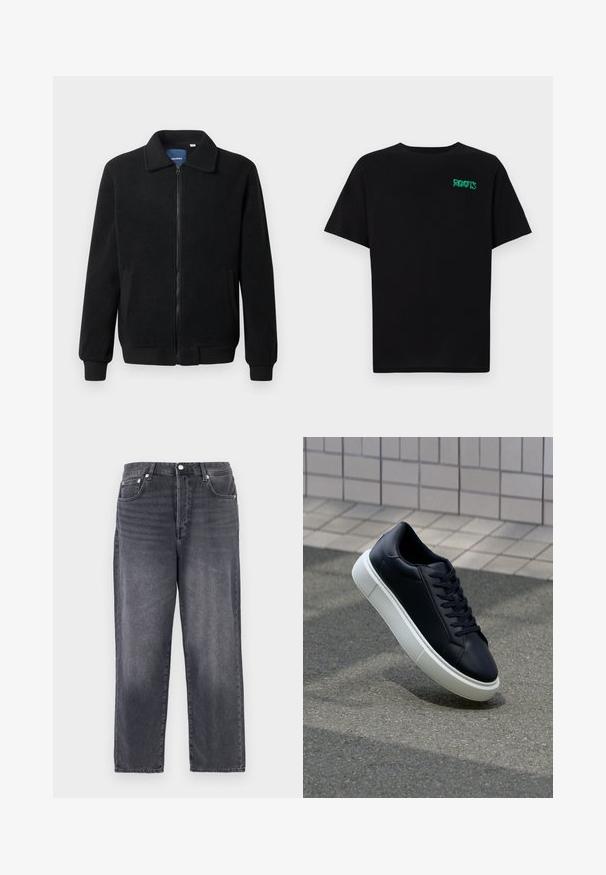 Schwarze Fleecejacke mit Reißverschluss, Stehkragen, gerippten Bündchen und seitlichen Taschen mit strukturiertem Oberflächenmaterial.; Schwarzes T-Shirt aus Baumwolle mit kurzen Ärmeln. Auf der Vorderseite befindet sich ein grünes "ROOTS"-Logo, es hat einen runden Halsauschnitt und eine normale Passform.; Dunkelgraue Denim-Jeans mit geradem Schnitt, fünf Taschen und Metallbeschlägen. Der Stoff hat eine subtile Textur und ausgewaschene Akzente.; Schwarze Leder-Sneaker mit runder Zehenpartie und weißer Gummisohle. Verfügt über flache Schnürsenkel und minimale Nähte im Obermaterial. Strukturiertes Sohlenprofil für besseren Halt.